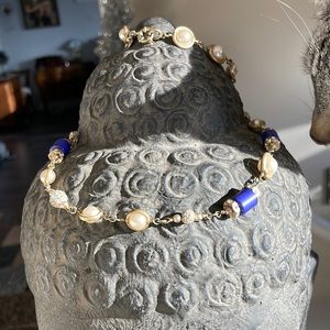 Jcrew, necklace. Blue accent, rhinestones, and faux pearls